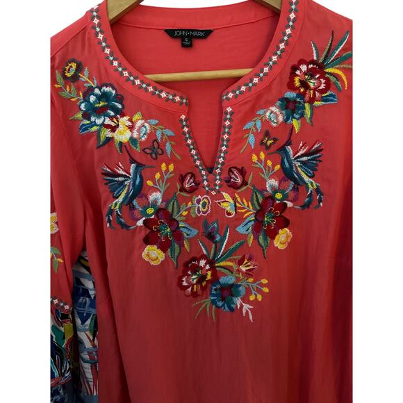 John Mark Floral Embroidered Split Neck Ruffled 3/4 Sleeve Tunic Red Size Small - Picture 6 of 10